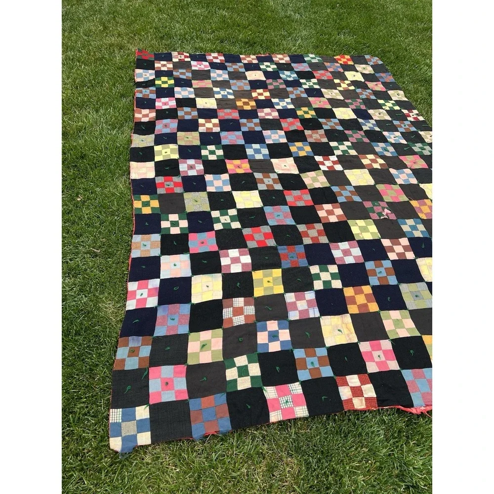 Vintage Hand Stitched Tied Nine Patch Quilt 86